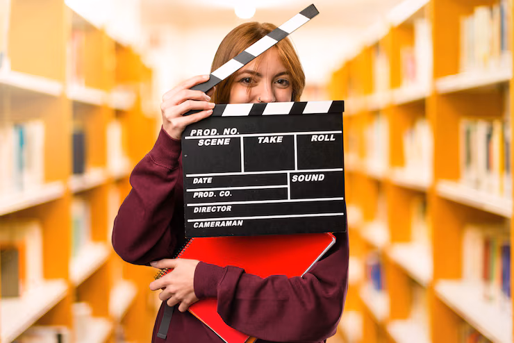 Student woman holding a clapperboard on unfocused background. back to school